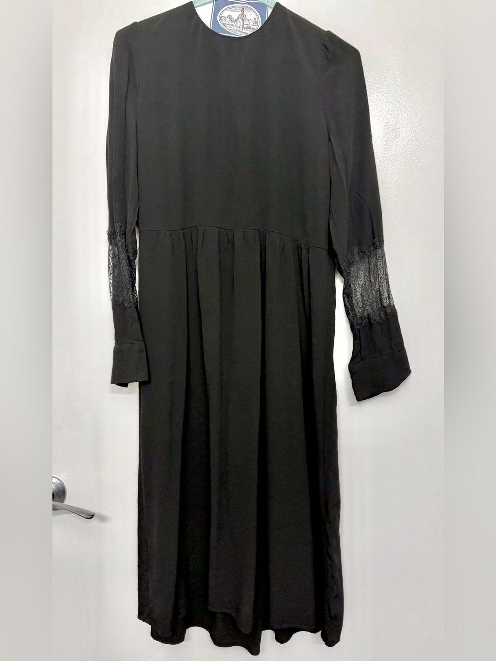 Zara Black Long-Sleeve Midi Dress with Lace Insets and Button Back L